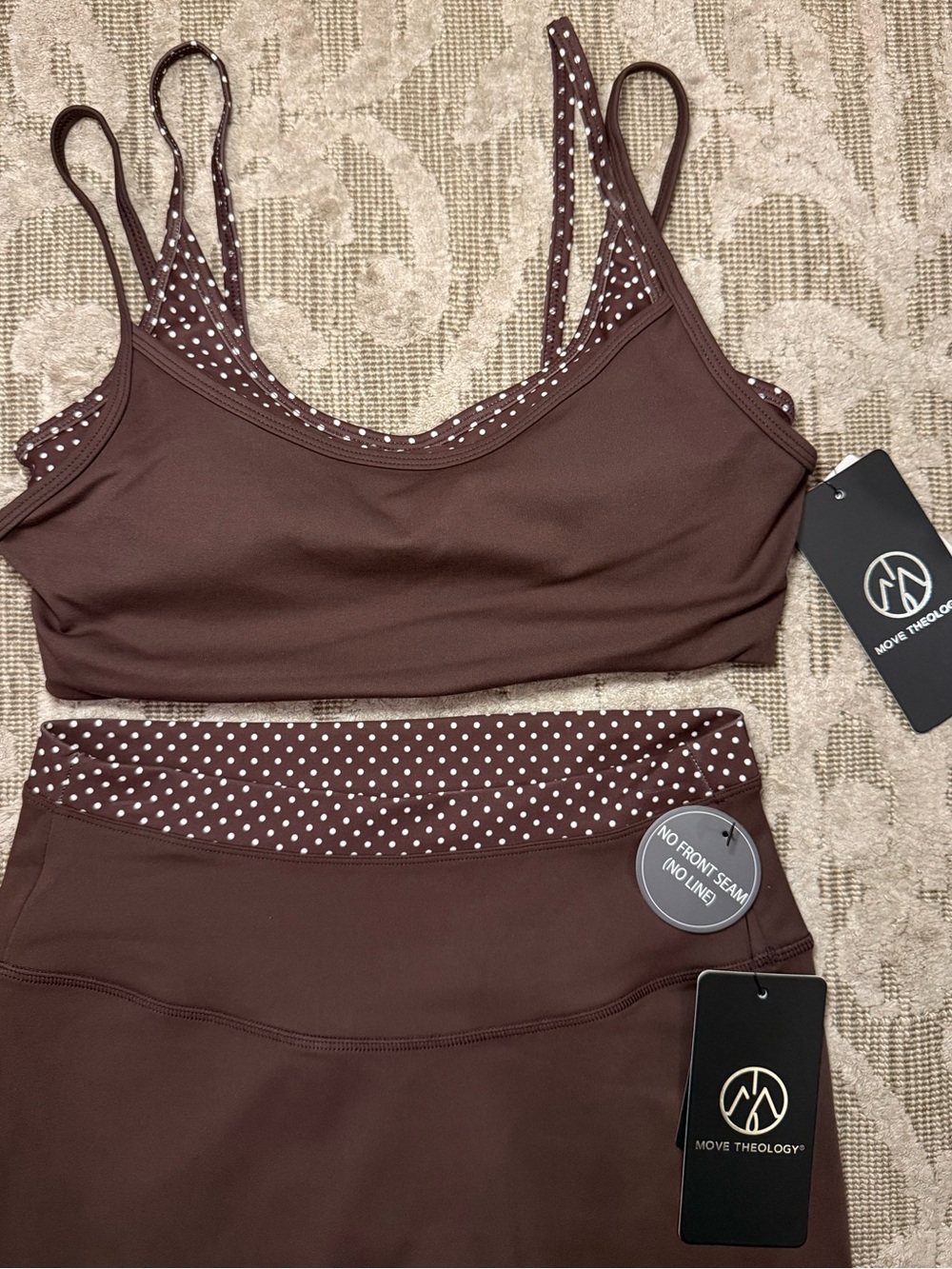 NWT Move Theology Polka Dot Brown White Workout Set Size Small Posie Similar
